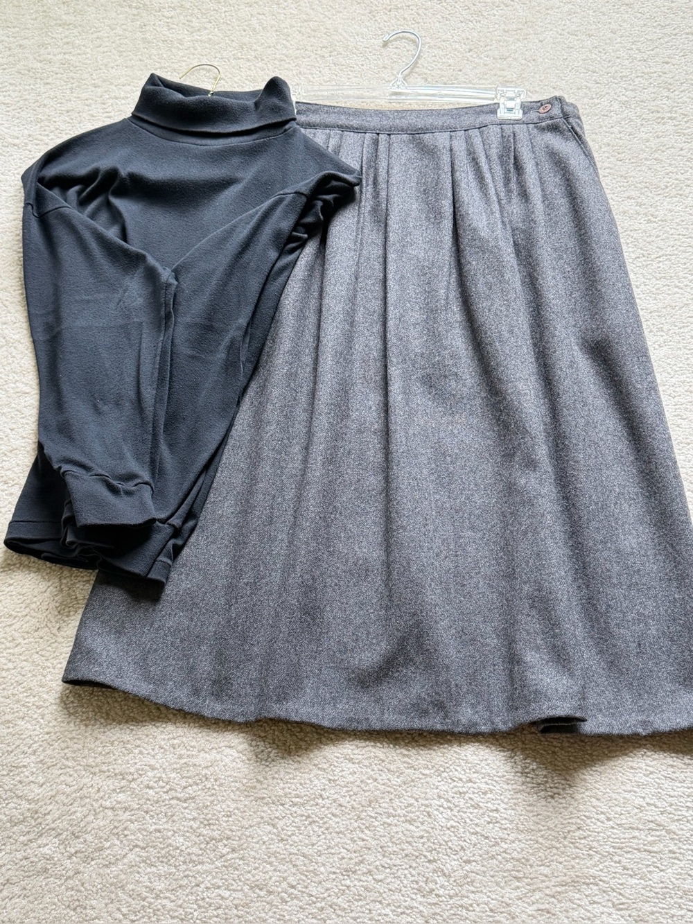 Classic Gray Pleated A-Line Skirt - Women's with matching sweater.